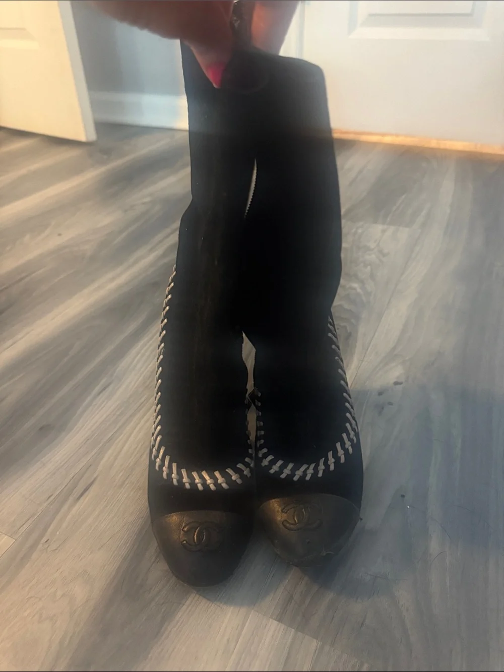 Authentic Chanel black and white stitched suede and leather boots 38 8